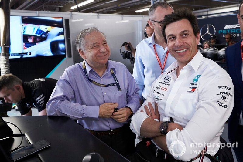 Jean Todt, President, FIA, joins Toto Wolff, Executive Director (Business), Mercedes AMG, in the Mercedes garage for Qualifying