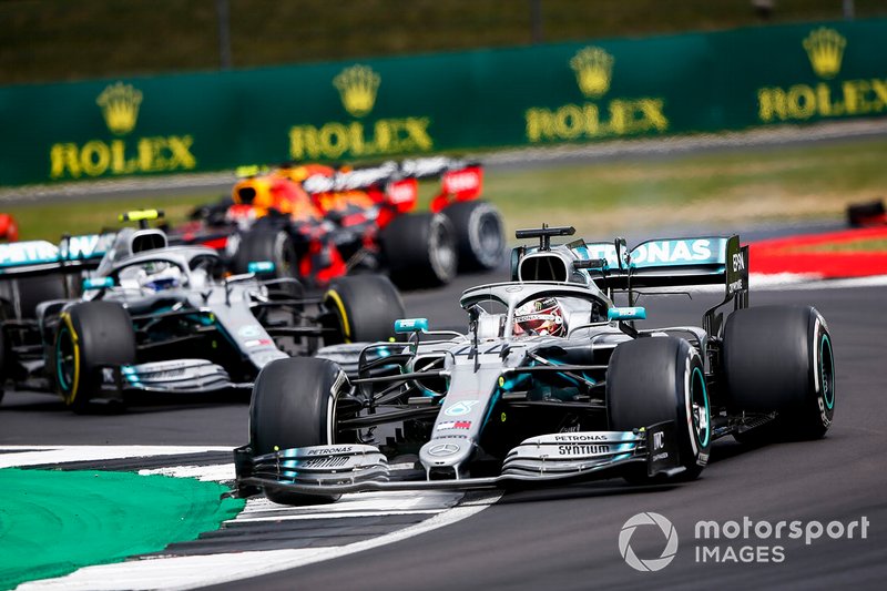 Lewis Hamilton, Mercedes AMG F1 W10, leads Valtteri Bottas, Mercedes AMG W10