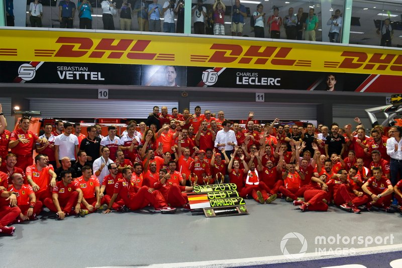 Charles Leclerc, Ferrari and Race winner Sebastian Vettel, Ferrari pose for a team photograph