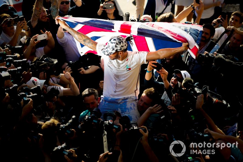 Lewis Hamilton, Mercedes AMG F1, 2nd position, celebrates after securing his sixth world drivers championship title