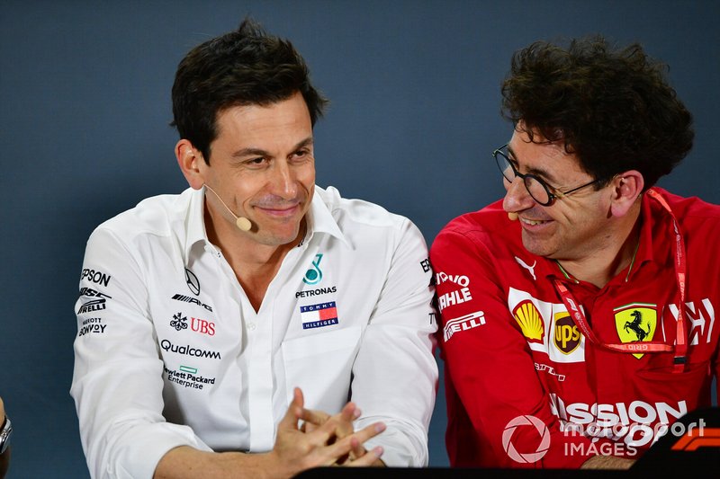 Toto Wolff, Executive Director (Business), Mercedes AMG, and Mattia Binotto, Team Principal Ferrari 