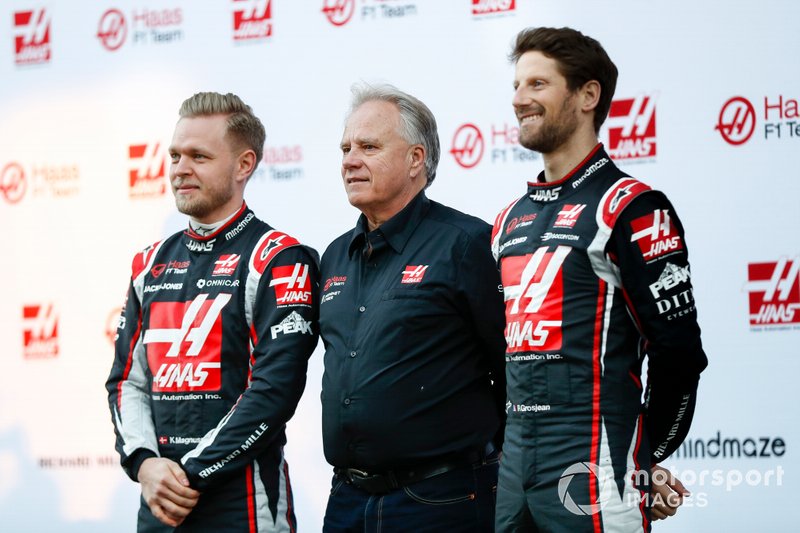 Romain Grosjean, Haas F1 Team, Gene Haas, Owner and Founder, Haas F1 Team and Kevin Magnussen, Haas F1 Team at the unveiling of the Haas VF-20