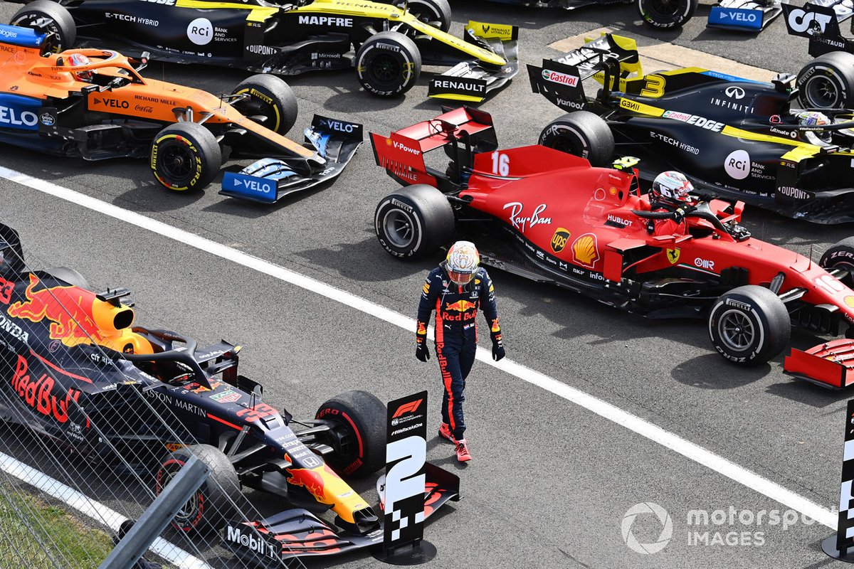 Max Verstappen, Red Bull Racing, 2nd position, and Charles Leclerc, Ferrari, 3rd position, in Parc Ferme