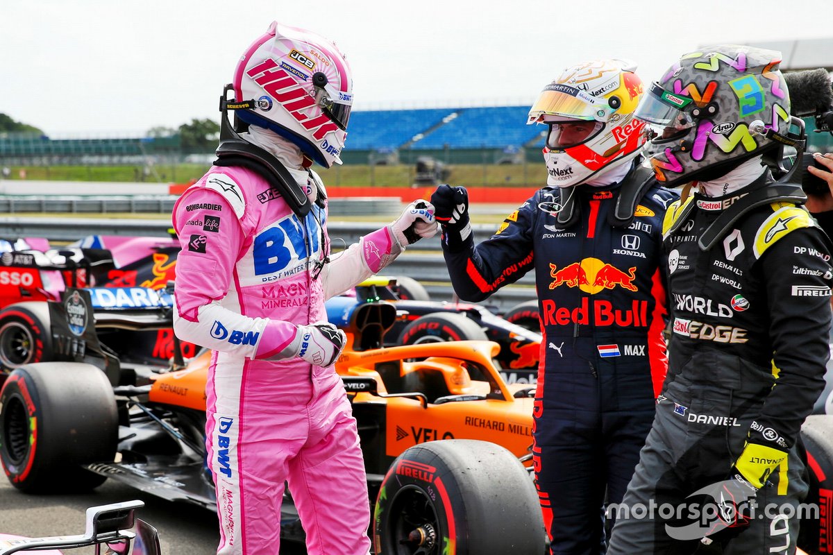 Nico Hulkenberg, Racing Point celebrates in Parc Ferme with Max Verstappen, Red Bull Racing and Daniel Ricciardo, Renault F1