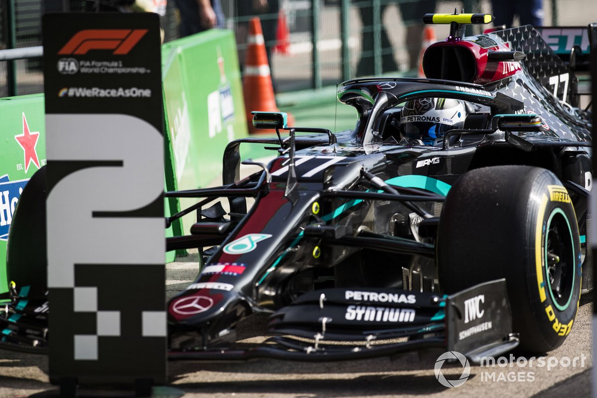 Valtteri Bottas, Mercedes F1 W11, arrives in Parc Ferme after Qualifying