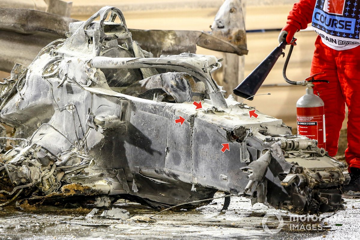 The remains of the car of Romain Grosjean, Haas VF-20