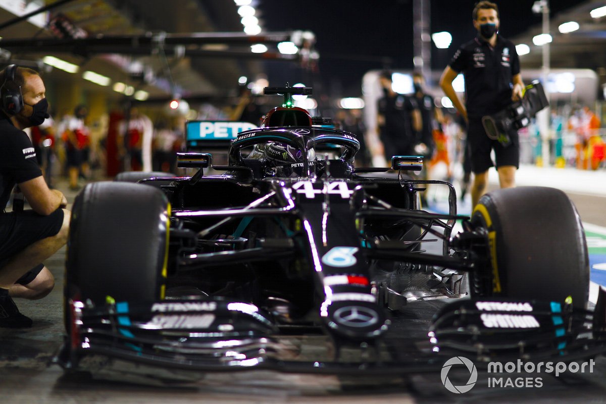 Lewis Hamilton, Mercedes F1 W11, in the pit lane