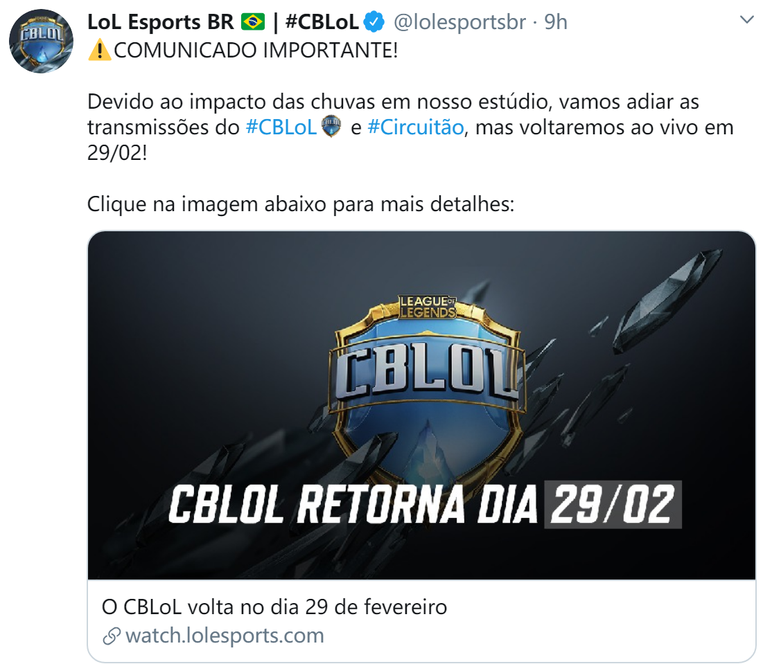 å·´è¥¿å£ä¿ç½åçæ´ªç¾ CBLOLå³å®å»¶æè¿è¡