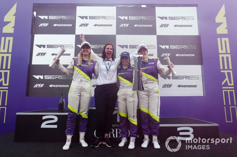 Beitske Visser, Catherine Bond Muir, CEO , Jamie Chadwick and Alice Powell celebrate on the podium with the trophies