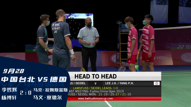 2021苏迪曼杯 | 中国台北男双组合 李哲辉/杨博轩 以21:18、21:10战胜德国组合