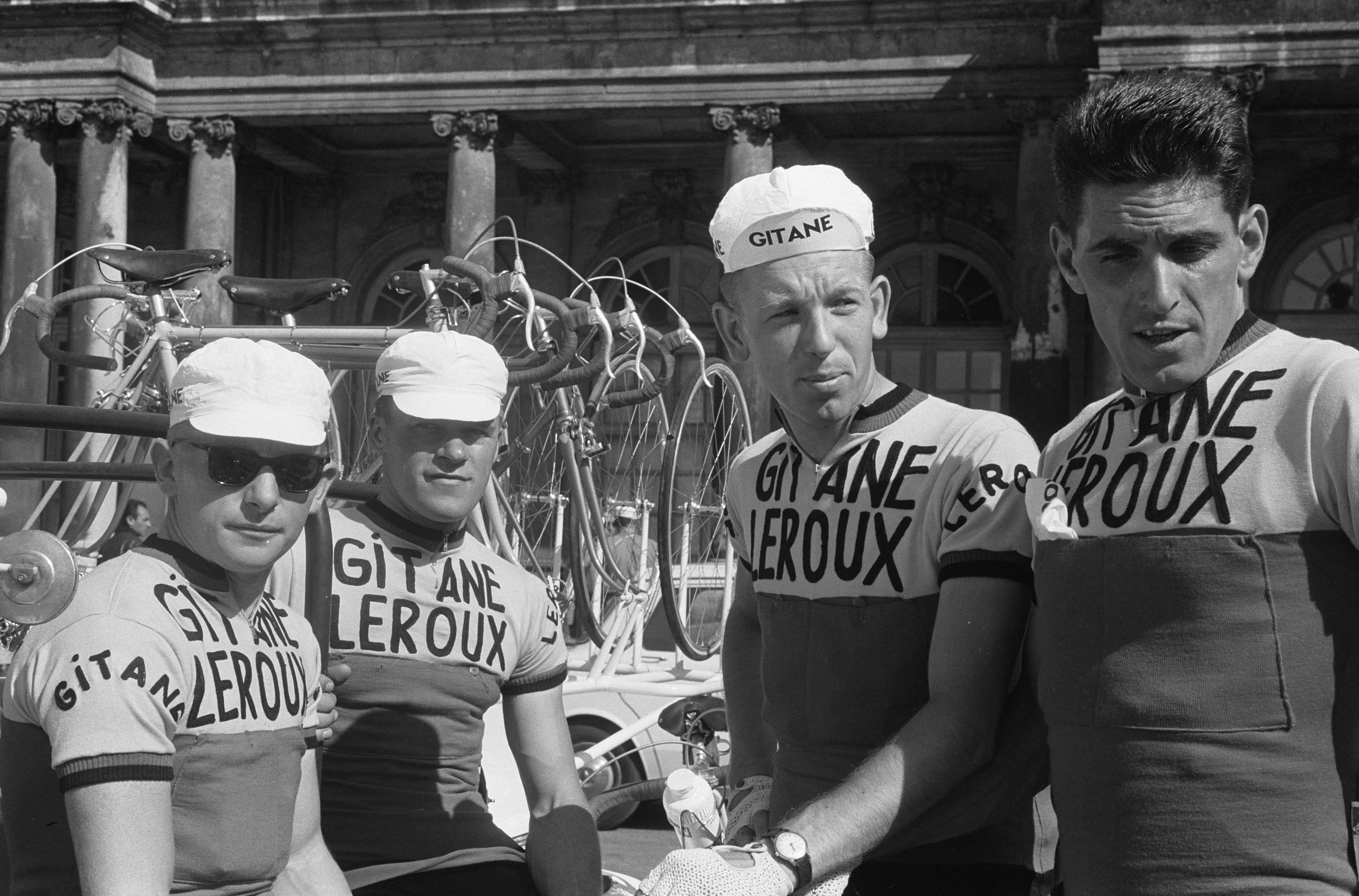 Gitane-Leroux_riders_Gérard_Thiélin,_Anatole_Novak,_Bas_Maliepaard_and_Jean_Forestier,_Tour_de_France_1962.jpg