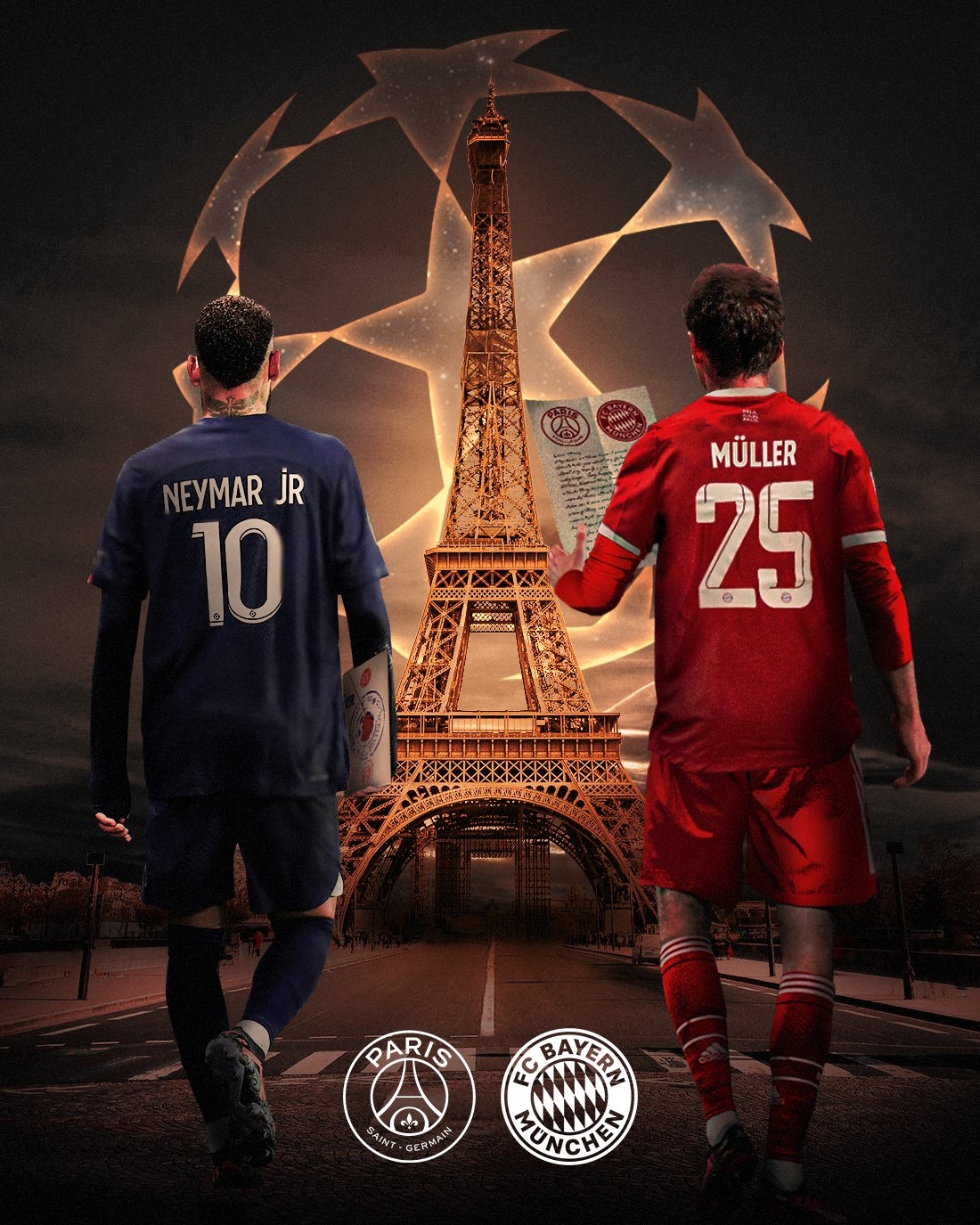 拜仁官方发布欧冠客战巴黎海报：穆勒、内马尔并肩走向埃菲尔铁塔
